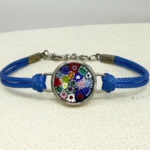 Murano Glass Bracelet Millefiori Blue Cord Made in Italy Floral Mosaic Charm